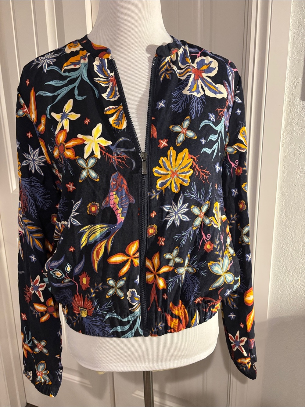 Charter Club Navy Floral Zip-Front Bomber Jacket